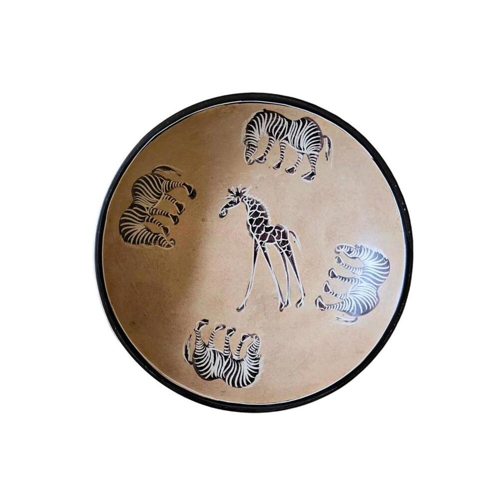 Hand Carved Soapstone Bowl Etched Safari Animals Zebra Giraffe African Art Decor